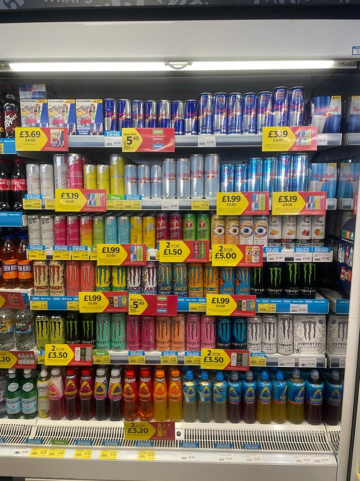 Fridge of energy drinks and sports drinks